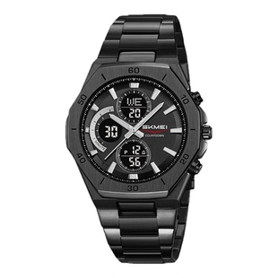 SKMEI时刻美男士石英表八边双机芯夜光时尚防水商务石英手表钢带