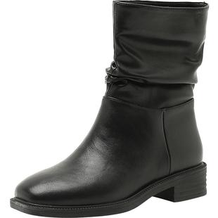 大东短靴女鞋冬季时尚潮流舒适简约方头褶皱套筒靴子0662