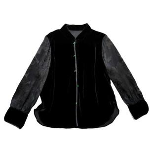 2024秋季复古黑色真丝绒外套女长袖衬衫设计感时尚小立领妈妈上衣