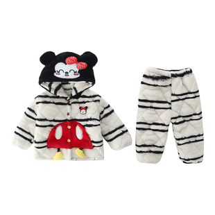 儿童冬季珊瑚绒三层夹棉加厚睡衣套装男女童冬款加绒保暖家居服