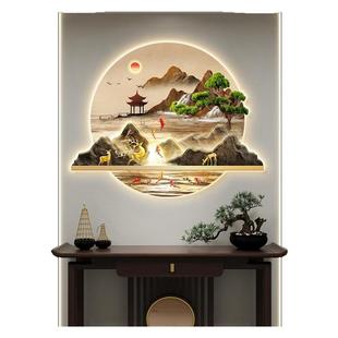 迎客松挂画新中式入户玄关装饰画正对门高级感带灯画走廊过道壁画