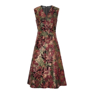 马天奴官方正品2025春夏新款印花V领真皮革连衣裙中长款皮裙子女