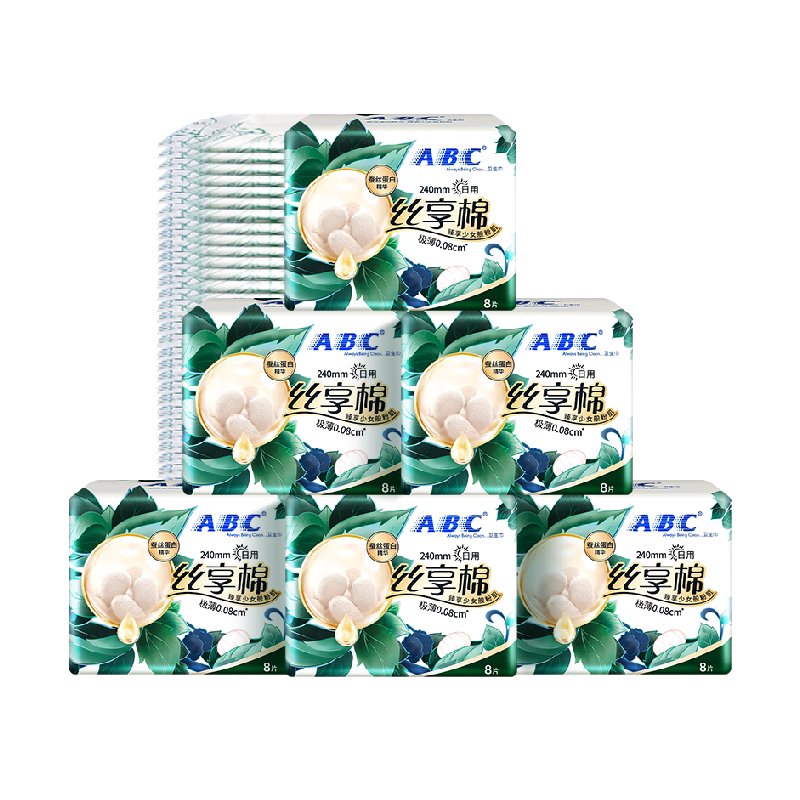ABC卫生巾日用240蚕丝蛋白极薄奢柔丝享棉姨妈巾48片【正品】