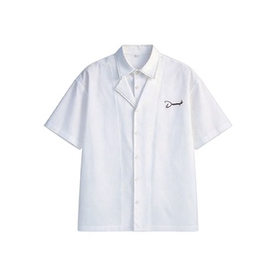 Dream made美式设计感假两件白色短袖衬衫男款夏季双层领男生衬衣