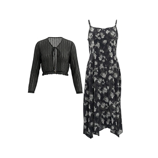 马天奴2026春夏新款黑色薄外套长袖上衣吊带印花连衣裙子两件套装