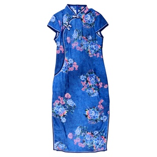 (捡漏S-3XL)江南姿M2025夏季短袖古典立领中长旗袍蓝花折扣尾货