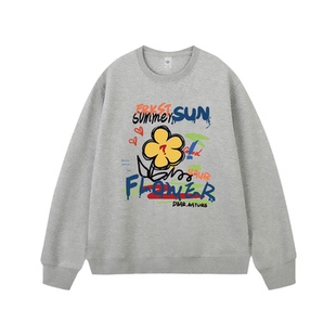 周雨彤明星同款日系复古花卉灰色圆领卫衣女小众设计感巨好看上衣