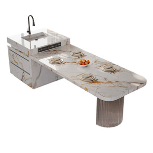 高端全岩板岛台餐桌一体弧形圆桌角亚克力悬浮脚可定制中导台家用