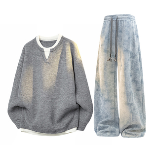 WASSUP PALM运动套装男款2025新款秋冬季假两件毛衣休闲裤一整套