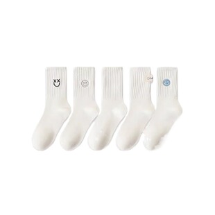 无骨袜子女款春秋中筒袜刺绣纯棉纱线防臭夏季薄款长筒白色运动袜