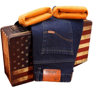 加绒加厚男士牛仔裤宽松直筒冬季保暖裤子秋季弹力大码长裤秋冬款