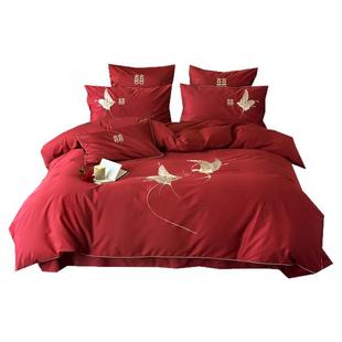 金喜鸟家纺高端婚庆刺绣100支红色结婚四件套全棉纯棉结婚陪嫁
