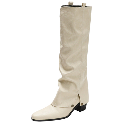 真皮白色尖头粗跟长靴女裤管靴冬
