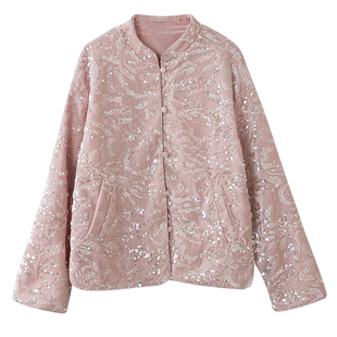 宝诗黎立领重工亮片丝绒外套2026春季洋气宽松休闲减龄气质女装