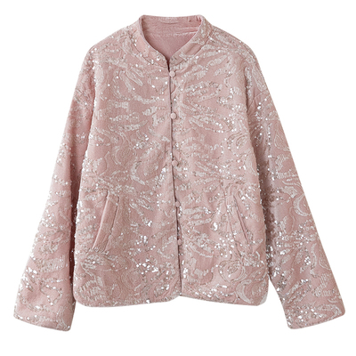 宝诗黎立领亮片丝绒外套