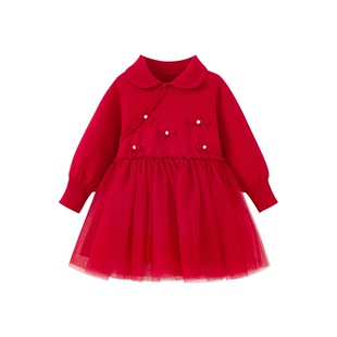 迷你巴拉巴拉女童新年连衣裙2025冬季新款儿童宝宝网纱甜美拜年裙