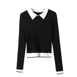 晚白2026年春季新款撞色翻领修身设计感上衣气质绞花毛衣针织衫女