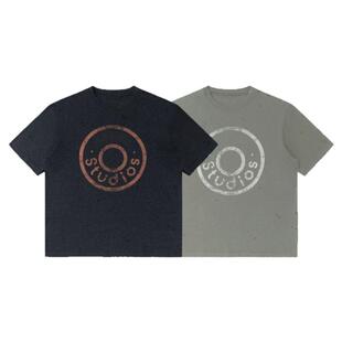 黑色圣诞树AC 25SS圆圈斑驳字母破洞做旧水洗复古宽松混纺短袖T恤