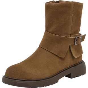 Bata西部靴女冬商场新款牛皮复古牛仔中筒加绒时装靴AD741DZ5