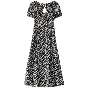 BANANA BABY2025年新款法式茶歇碎花连衣裙女后背镂空开叉长裙