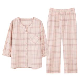 梭织棉纱布睡衣女春秋款纯棉七分袖女款夏季薄款全棉可外穿家居服