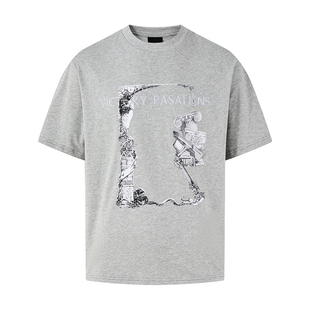 陈奕恒同款】PASET复古废墟古堡贴图印花文字男女宽松T恤重磅短袖