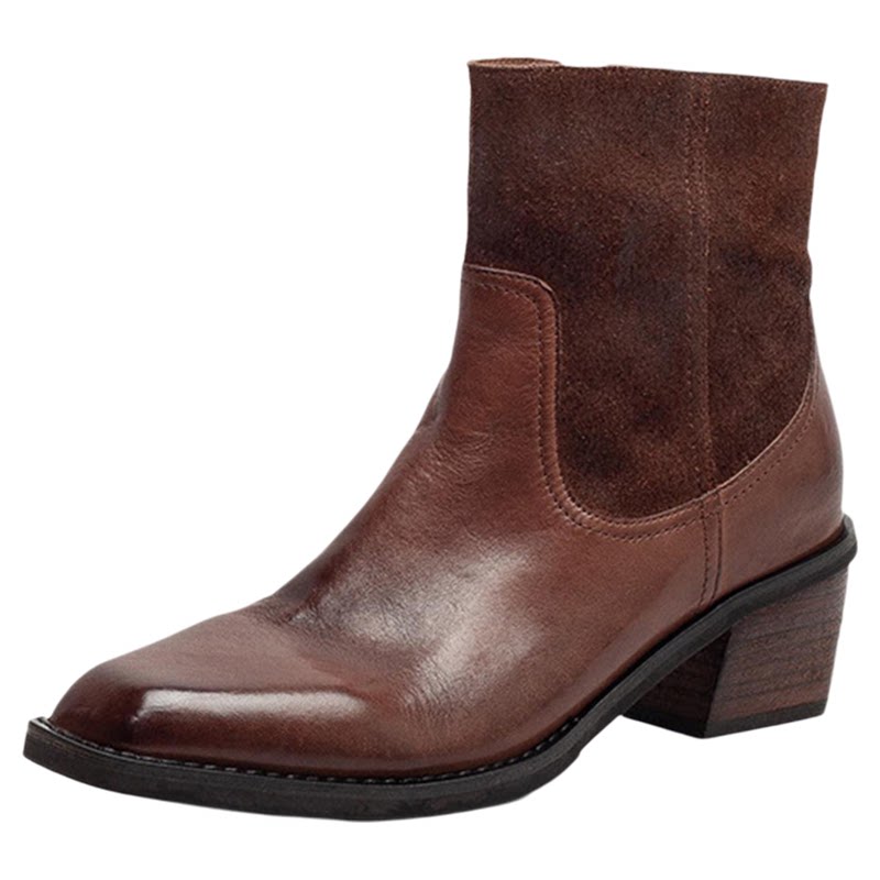 里外头层牛皮拼接擦色短靴西部靴