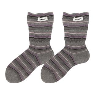 miu系潮流字母布标袜子女中筒袜秋冬灰色学院风条纹堆堆袜