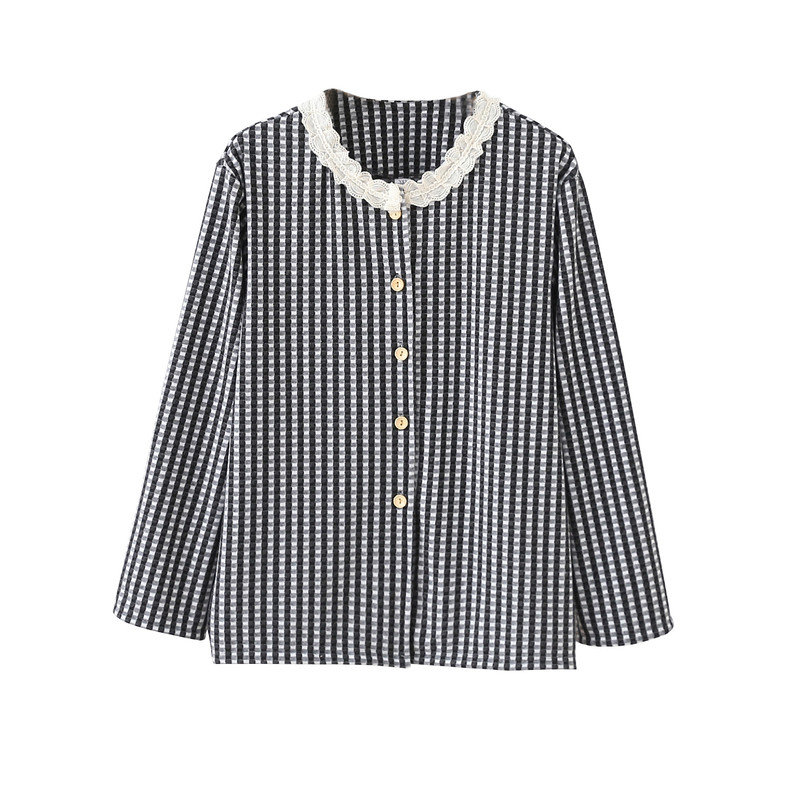 格子家居睡衣女蕾丝花边家居服