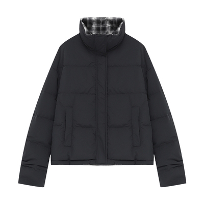 Basic House/百家好撞色格子拼接双面穿羽绒服冬季新款气质短外套