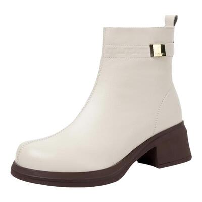 白色短靴加绒女鞋高跟真皮棉鞋