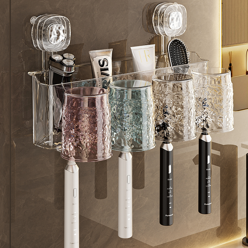 吸盘牙刷置物架家用漱口杯卫生间壁挂免打孔牙杯牙膏电动牙刷架子