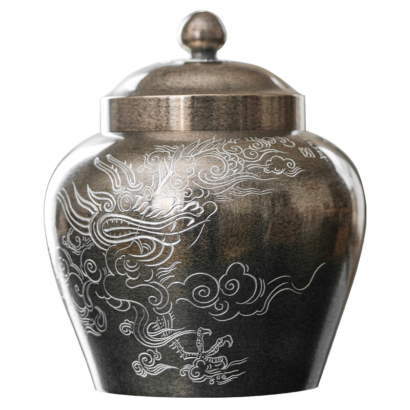 纯锡龙吟凤鸣茶仓手工雕刻茶叶罐