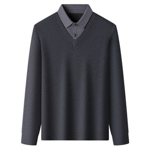 恒源祥毛衣男士新款100全羊毛衣假两件秋冬加厚商务衬衫领针织衫