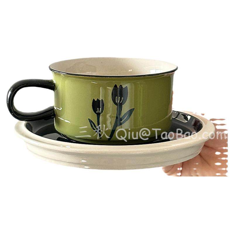 三秋Sanq复古手绘绿郁金香咖啡杯碟中古风下午茶杯拿铁杯小众礼物