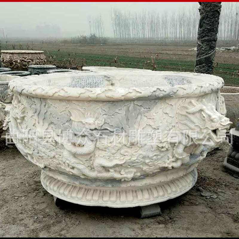 石雕青石鱼缸花盆 庭院仿古雕刻花钵圆形景观汉白玉流水养鱼池