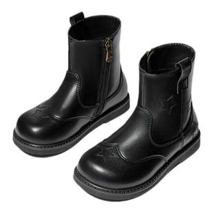 斯纳菲儿童皮靴女童靴子2025秋冬新款小女孩棉靴保暖短靴黑色加绒