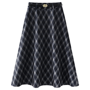 毛呢格子半身裙女2025秋冬款高腰显瘦宽松垂感百搭加厚格纹A字裙