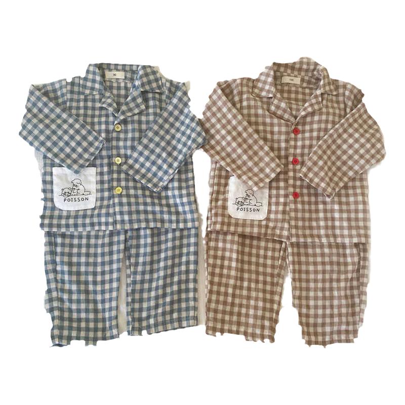 长袖宝宝睡衣套装格子家居服纯棉