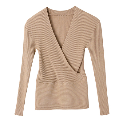 长袖t恤低胸针织衫性感交叉上衣