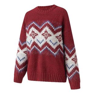 ESPRIT/埃斯普利特红色费尔岛提花圆领针织衫女加厚套头毛衣上衣