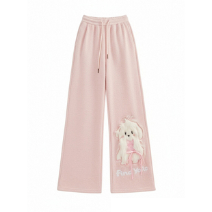 300斤大码女装粉色小狗刺绣阔腿卫裤女胖mm宽松显瘦休闲风长裤子