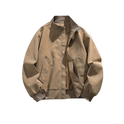 美式潮牌复古PU皮拼接立领夹克男