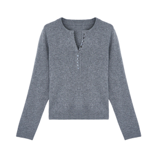 小禾【恋人】MORO纱线26支100山羊绒半开扣圆领格雷系极简针织衫