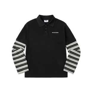 WHOOSIS（不知其名）条纹拼接polo衫长袖宽松春季美式休闲男女潮