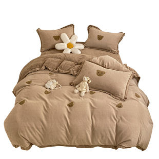 卡通儿童小熊刺绣牛奶绒床单四件套可爱男孩冬季珊瑚绒法兰绒床品