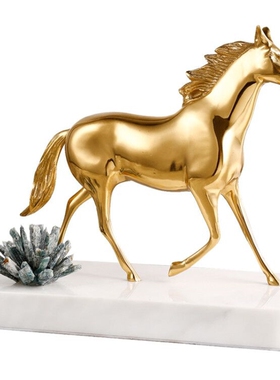 轻奢玄关黄铜骏马水晶家居摆件