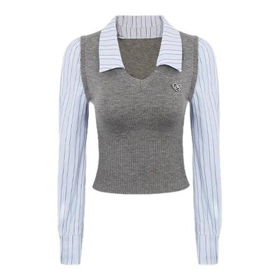 辣妹长袖毛织条纹衬衫假两件