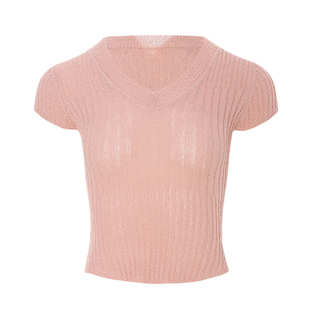 sincethen粉色上衣v领针织衫短款法式小毛衣开春穿搭短袖开衫女春