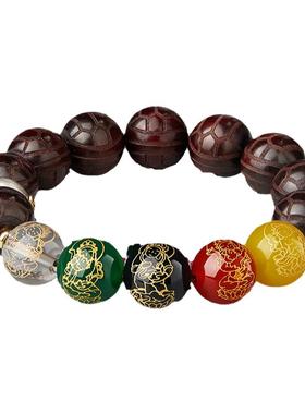 小叶紫檀手串男士文玩富甲生肖五路财神转运珠手链檀香木佛珠真品